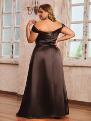 Off-the-shoulder Cap Sleeves Satin Dress With Slit Chocolate