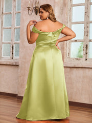 Off-the-shoulder Cap Sleeves Satin Dress With Slit Daffodil