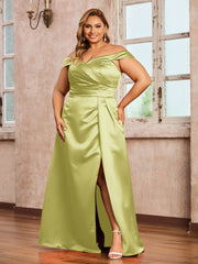 Off-the-shoulder Cap Sleeves Satin Dress With Slit Daffodil