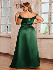 Off-the-shoulder Cap Sleeves Satin Dress With Slit Dark Green