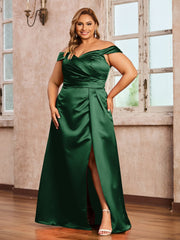Off-the-shoulder Cap Sleeves Satin Dress With Slit Dark Green