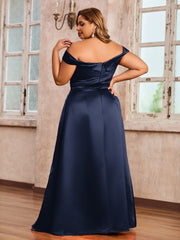 Off-the-shoulder Cap Sleeves Satin Dress With Slit Dark Navy
