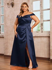 Off-the-shoulder Cap Sleeves Satin Dress With Slit Dark Navy