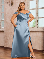 Off-the-shoulder Cap Sleeves Satin Dress With Slit Dusty Blue