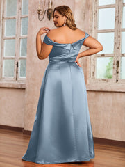 Off-the-shoulder Cap Sleeves Satin Dress With Slit Dusty Blue