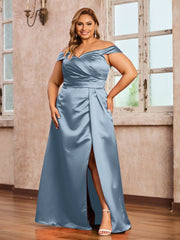 Off-the-shoulder Cap Sleeves Satin Dress With Slit Dusty Blue