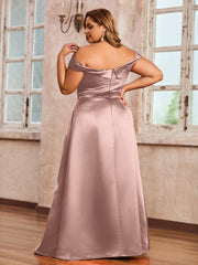 Off-the-shoulder Cap Sleeves Satin Dress With Slit Dusty Rose