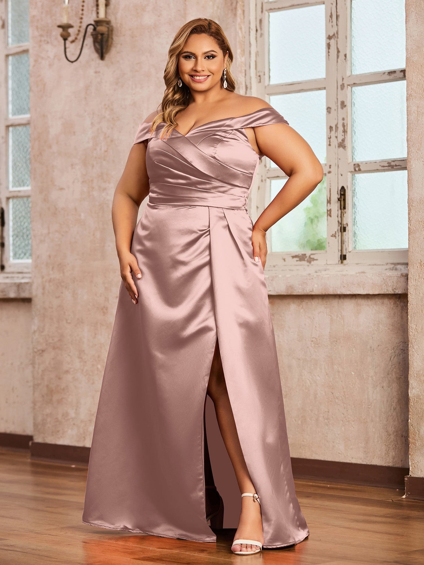 BABARONI Satin Dusty Rose Bridesmaid Dresses A-line Off-the-shoulder Floor- length Cap Sleeve  BABARONI UK