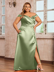 Off-the-shoulder Cap Sleeves Satin Dress With Slit Dusty Sage