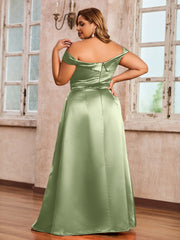 Off-the-shoulder Cap Sleeves Satin Dress With Slit Dusty Sage
