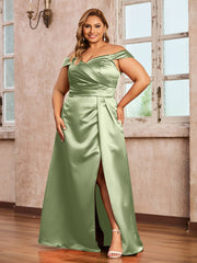 Off-the-shoulder Cap Sleeves Satin Dress With Slit Dusty Sage