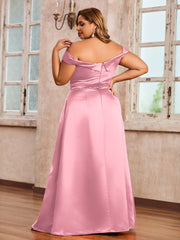 Off-the-shoulder Cap Sleeves Satin Dress With Slit Flamingo