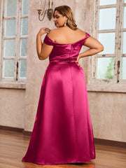 Off-the-shoulder Cap Sleeves Satin Dress With Slit Fuchsia