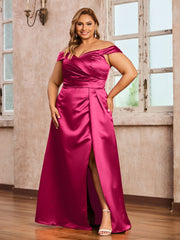 Off-the-shoulder Cap Sleeves Satin Dress With Slit Fuchsia