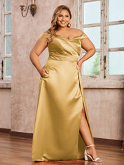 Off-the-shoulder Cap Sleeves Satin Dress With Slit Gold