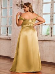 Off-the-shoulder Cap Sleeves Satin Dress With Slit Gold