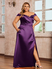 Off-the-shoulder Cap Sleeves Satin Dress With Slit Grape