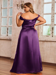 Off-the-shoulder Cap Sleeves Satin Dress With Slit Grape