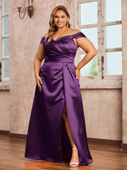 Off-the-shoulder Cap Sleeves Satin Dress With Slit Grape