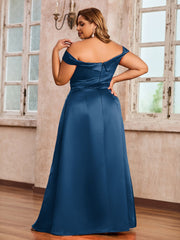 Off-the-shoulder Cap Sleeves Satin Dress With Slit Ink Blue