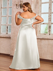 Off-the-shoulder Cap Sleeves Satin Dress With Slit Ivory