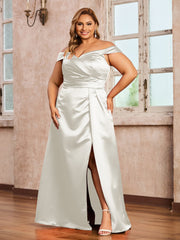 Off-the-shoulder Cap Sleeves Satin Dress With Slit Ivory