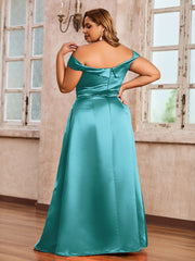 Off-the-shoulder Cap Sleeves Satin Dress With Slit Jade