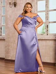 Off-the-shoulder Cap Sleeves Satin Dress With Slit Lavender