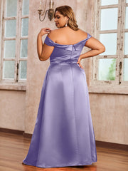 Off-the-shoulder Cap Sleeves Satin Dress With Slit Lavender