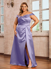 Off-the-shoulder Cap Sleeves Satin Dress With Slit Lavender