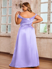 Off-the-shoulder Cap Sleeves Satin Dress With Slit Lilac