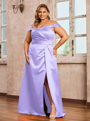 Off-the-shoulder Cap Sleeves Satin Dress With Slit Lilac