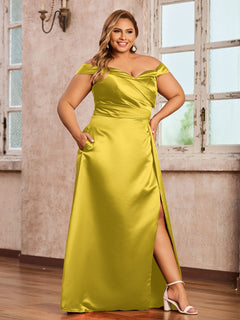 Off-the-shoulder Cap Sleeves Satin Dress With Slit Marigold