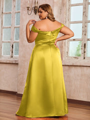 Off-the-shoulder Cap Sleeves Satin Dress With Slit Marigold