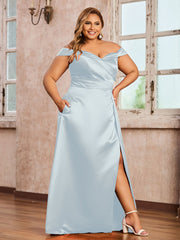 Off-the-shoulder Cap Sleeves Satin Dress With Slit Mist