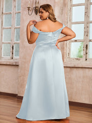 Off-the-shoulder Cap Sleeves Satin Dress With Slit Mist