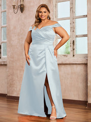 Off-the-shoulder Cap Sleeves Satin Dress With Slit Mist