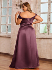 Off-the-shoulder Cap Sleeves Satin Dress With Slit Mulberry