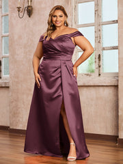 Off-the-shoulder Cap Sleeves Satin Dress With Slit Mulberry