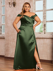 Off-the-shoulder Cap Sleeves Satin Dress With Slit Olive Green