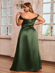Off-the-shoulder Cap Sleeves Satin Dress With Slit Olive Green
