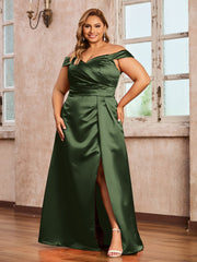 Off-the-shoulder Cap Sleeves Satin Dress With Slit Olive Green