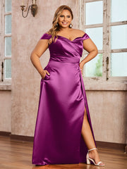 Off-the-shoulder Cap Sleeves Satin Dress With Slit Orchid