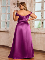 Off-the-shoulder Cap Sleeves Satin Dress With Slit Orchid