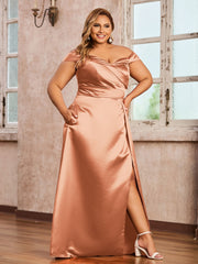 Off-the-shoulder Cap Sleeves Satin Dress With Slit Papaya
