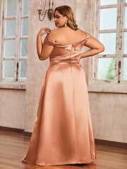 Off-the-shoulder Cap Sleeves Satin Dress With Slit Papaya
