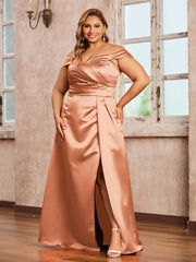 Off-the-shoulder Cap Sleeves Satin Dress With Slit Papaya