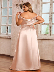 Off-the-shoulder Cap Sleeves Satin Dress With Slit Pearl Pink