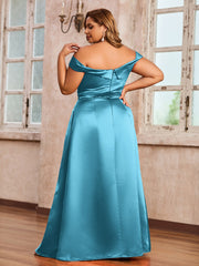 Off-the-shoulder Cap Sleeves Satin Dress With Slit Pool