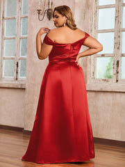 Off-the-shoulder Cap Sleeves Satin Dress With Slit Red